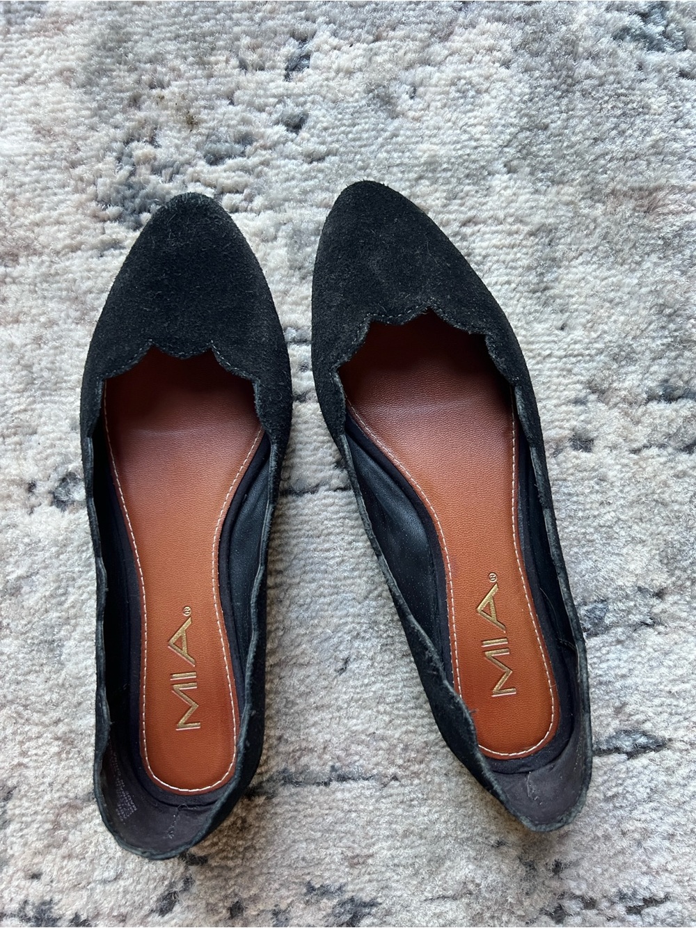 MIA Black Scalloped Suede Pointed Toe Flats